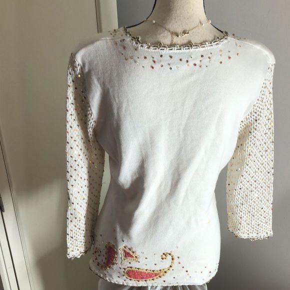 Berek 2 Valentine’s Day V-Neck white pink and gold sequin sweater size medium - Picture 6 of 11